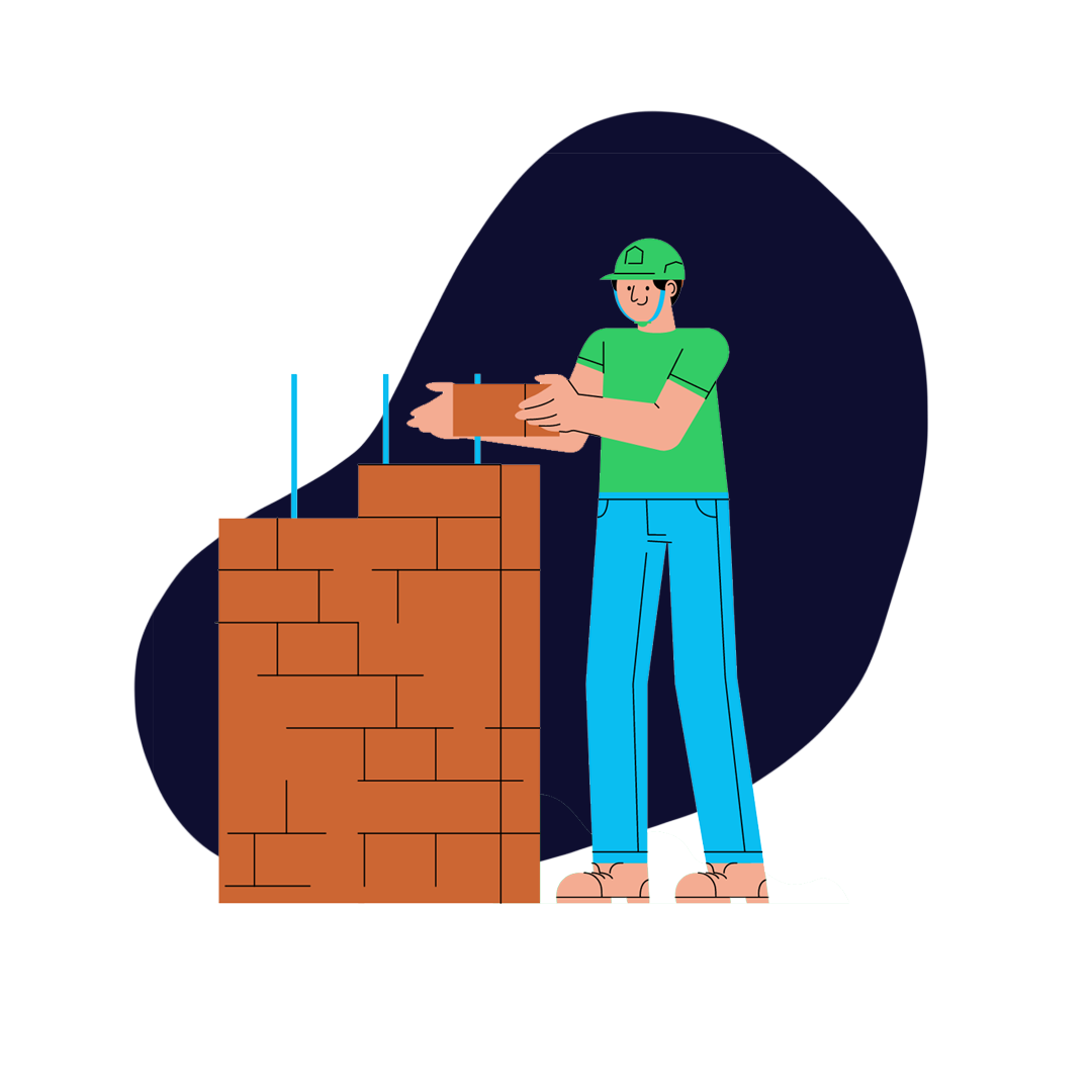 Een figuur van een man die een bakstenen muur aan het bouwen is.